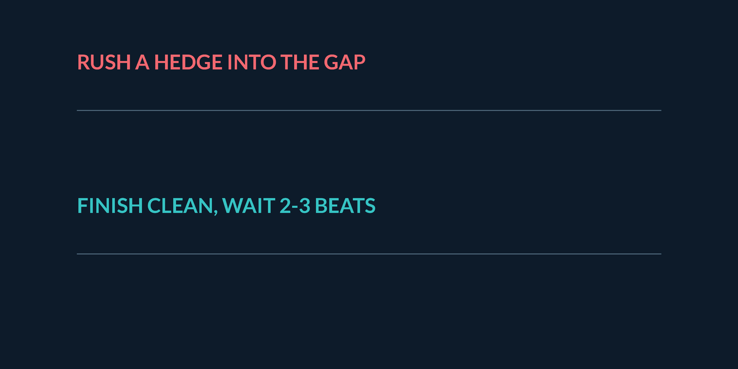 Animation: two turn-taking timelines fill left to right. In the top lane a teal bar labelled 'your point' is followed immediately by a coral bar labelled 'maybe I'm wrong...', under the heading 'rush a hedge into the gap' and the verdict 'the point shrinks'. In the bottom lane the same teal 'your point' bar ends cleanly, a short empty stretch labelled 'held' follows, then a gold bar labelled 'they build on it' appears, under the heading 'finish clean, wait 2-3 beats' and the verdict 'the point stands'.