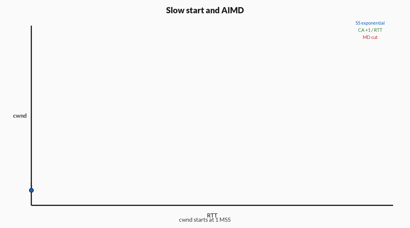 Animation of TCP congestion window versus time: exponential slow start, linear congestion avoidance, then a multiplicative cut on loss and resume.